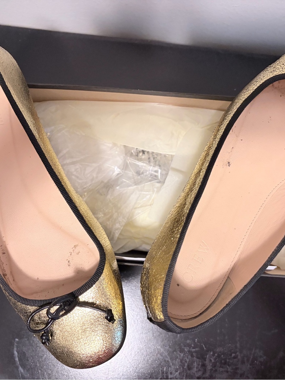 J. Crew Metallic Gold Ballet Flats with Black Trim and Bow